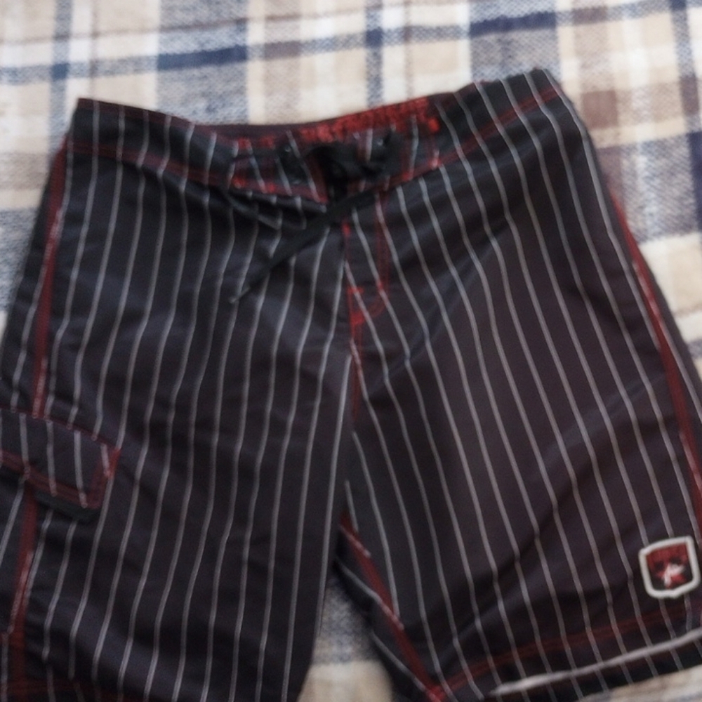 Rusty Black and Red Pinstripe Athletic Shorts